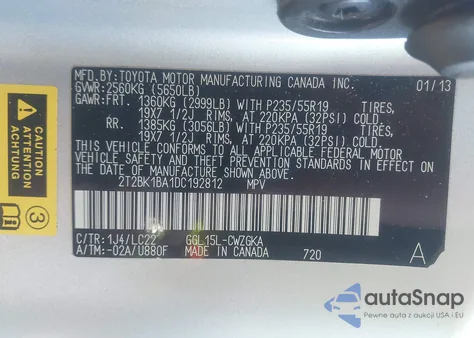 2013 Lexus Rx 350 F Sport z USA, uszkodzony, nr VIN 2T2BK1BA1DC192812